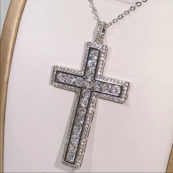 New 925 Silver Men Women Luxury Cross Diamond Necklace - Picture 9 of 16